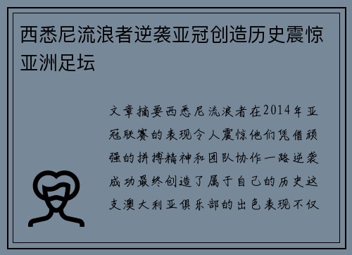 西悉尼流浪者逆袭亚冠创造历史震惊亚洲足坛 西悉尼流浪者逆袭亚冠创造历史震惊亚洲足坛